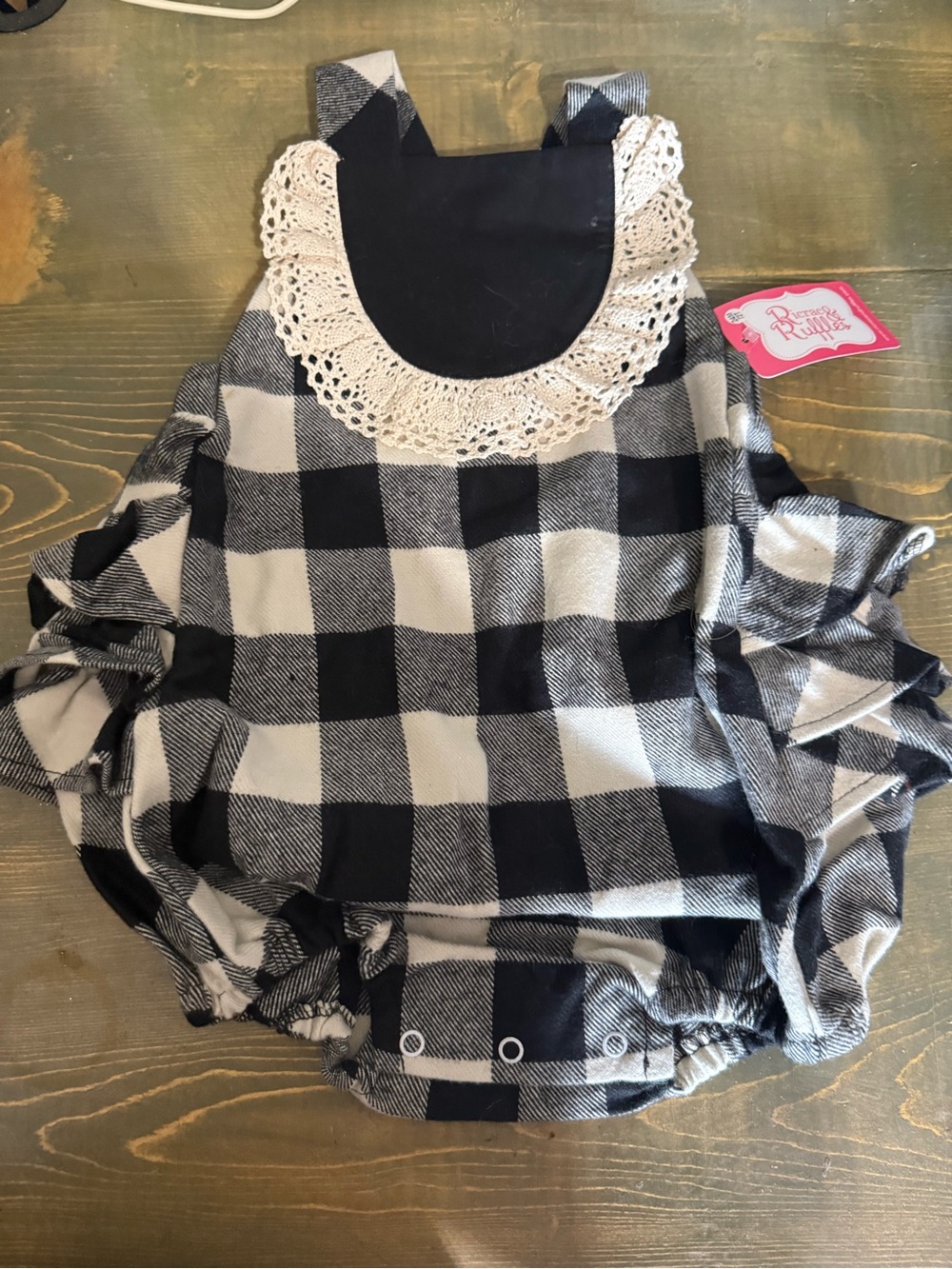 Ricrac and RuffleBlack & White Buffalo Plaid Bubble with Lace Collar NWT 24 M